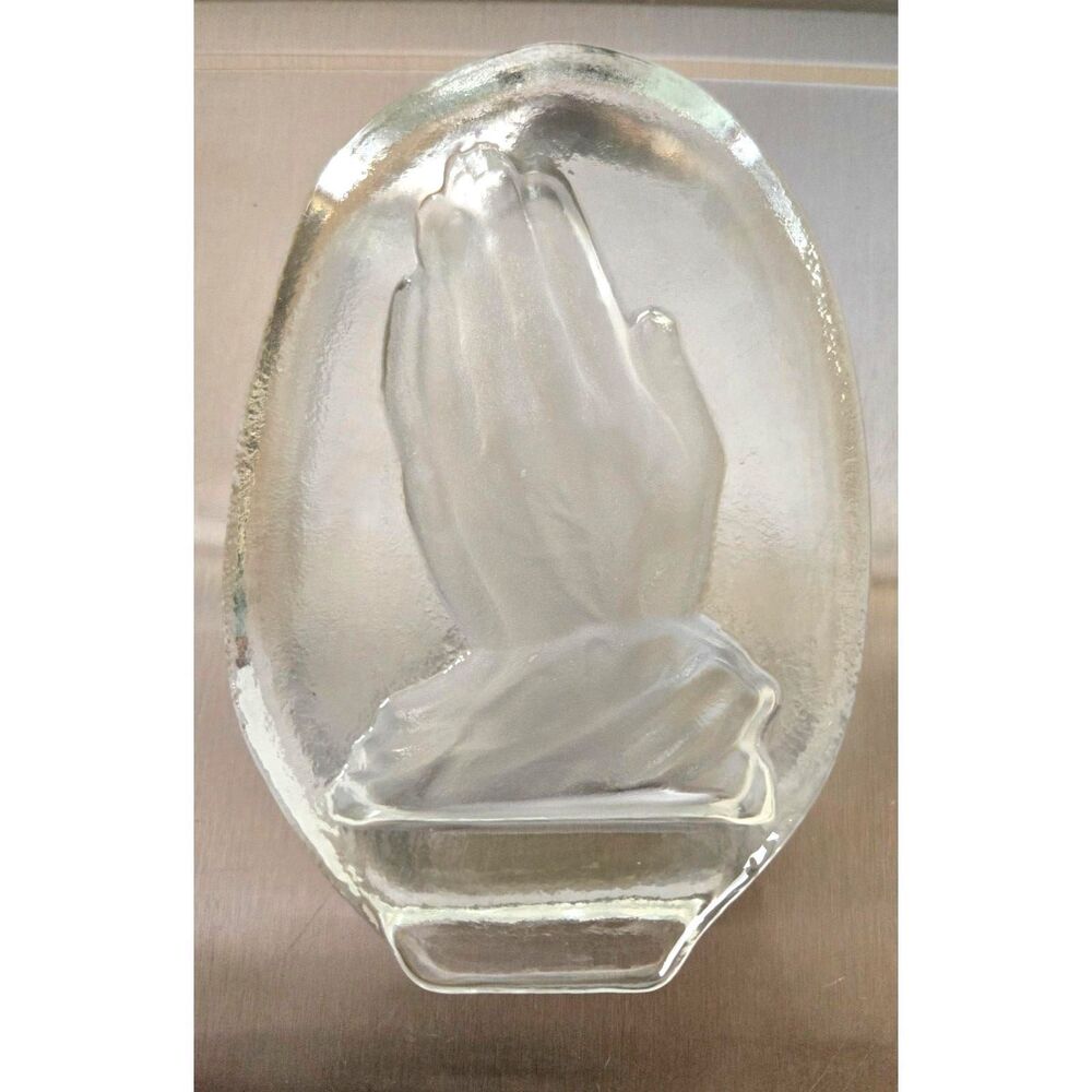 Vintage Viking Glass Praying Hands Paperweight Frosted in the Indentation